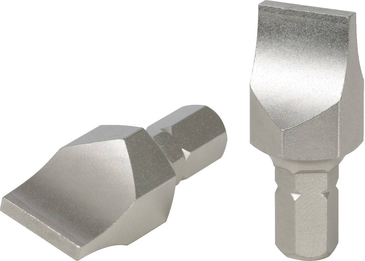 Zwei metallene Schraubendrehereinsätze mit flachem Ende. Sie sind silbern, massiv und für spezielle Schraubenanwendungen geeignet.