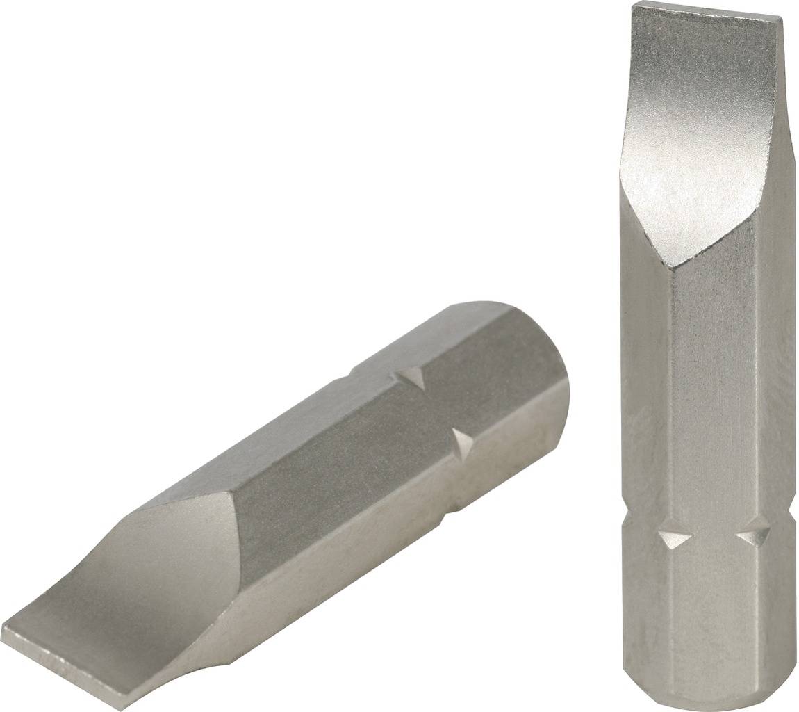 Zwei flache Schraubendrehereinsätze aus Metall, nebeneinander positioniert.