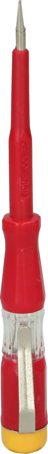 Ein roter Spannungsprüfer mit isoliertem Griff und metallener Spitze, verwendet zur Überprüfung elektrischer Spannungen.