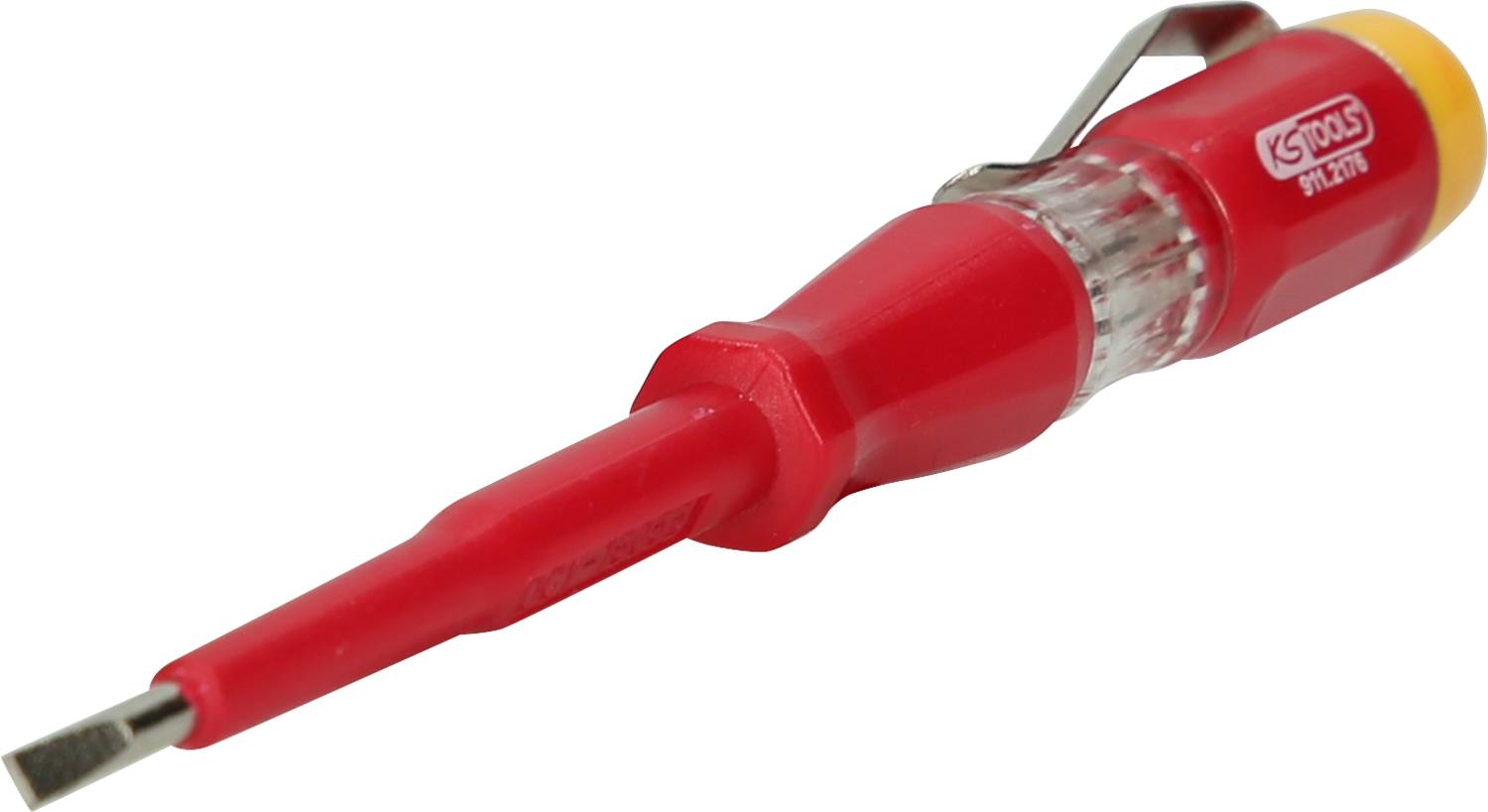 Ein roter Schraubendreher mit flachem Kopf, durchsichtigem Griff und Metallschlaufe. Geeignet für elektrische Arbeiten.