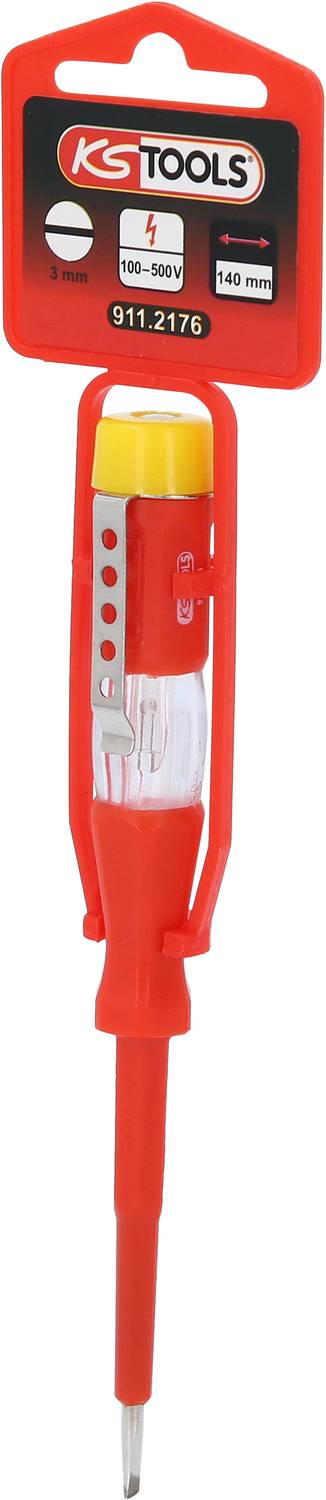 Spannungsprüfer von KS Tools, 140 mm lang, für Spannung 100-250V. Hauptteil ist rot mit gelbem Drucktaster und Metallklemme.