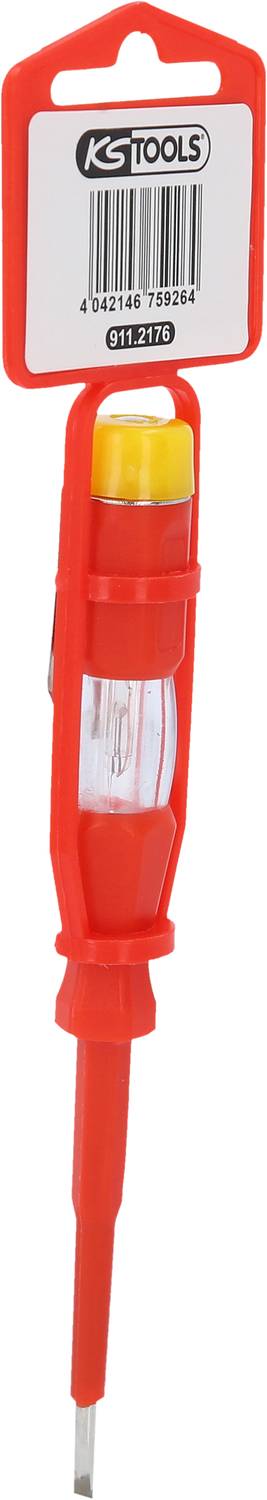 Spannungsprüfer der Marke KS Tools, rot, mit durchsichtigem Gehäuse und Clip, auf Karton mit Barcode befestigt.