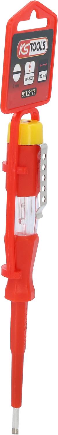 Roter Spannungsprüfer von KS Tools mit transparentem Mittelteil und gelbem Deckel, geeignet für elektrische Leitungsprüfungen.