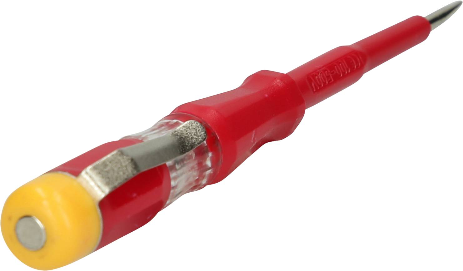 Ein rotes Prüfgerät mit durchsichtigem Griff und gelber Kappe, das zur Überprüfung elektrischer Spannungen verwendet wird.