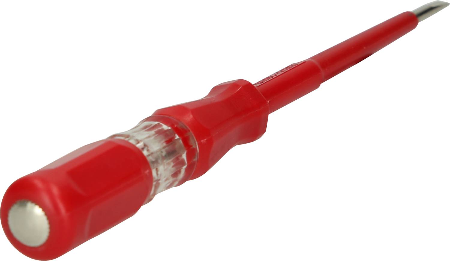 Ein roter Phasenprüfer, ein elektrisches Prüfwerkzeug mit Metallspitze und durchsichtigem Griff, liegt auf der Seite.