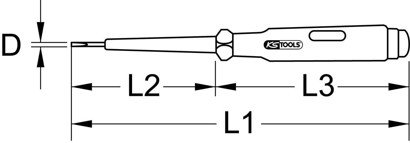 Technische Zeichnung eines Schraubendrehers mit Längenangaben L1, L2, L3 und Durchmesser D.