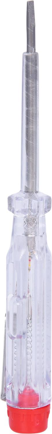 Ein transparenter Phasenprüfer mit rotem Griff. Hauptzweck: Überprüfung der elektrischen Spannung.