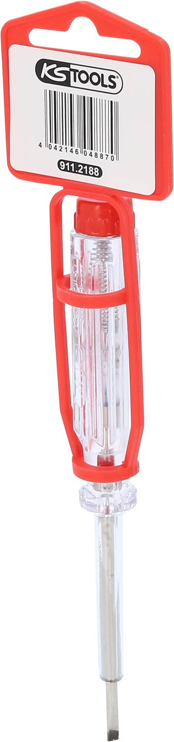 Ein elektrischer Spannungsprüfer mit durchsichtigem Griff und rotem Halter. Oben ist ein Etikett mit Strichcode und der Aufschrift 'KS Tools'.