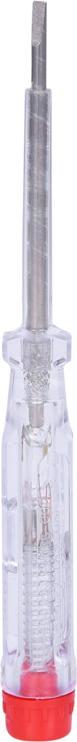 Ein transparenter Schraubendreher mit rotem Griffende und metallischer Spitze.