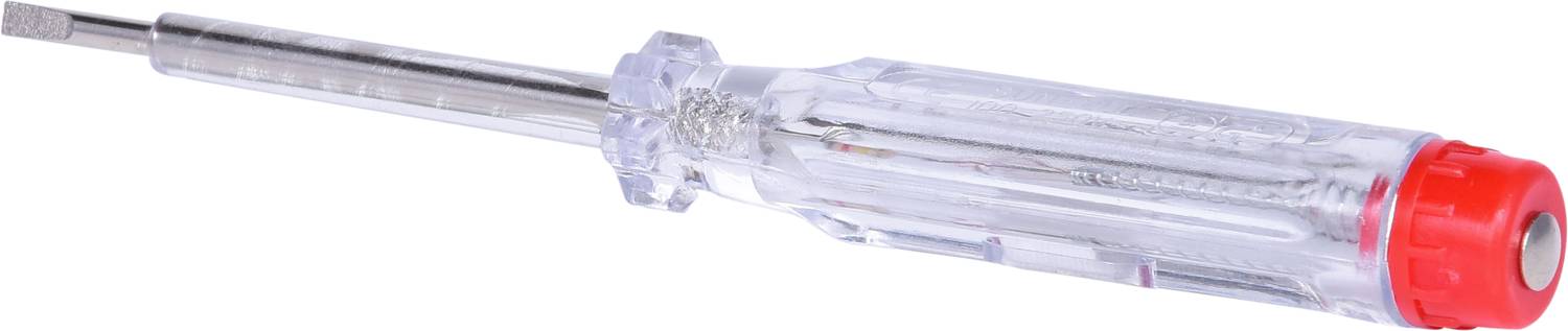 Ein transparenter Schraubendreher mit rotem Ende, geeignet für Schlitzschrauben.