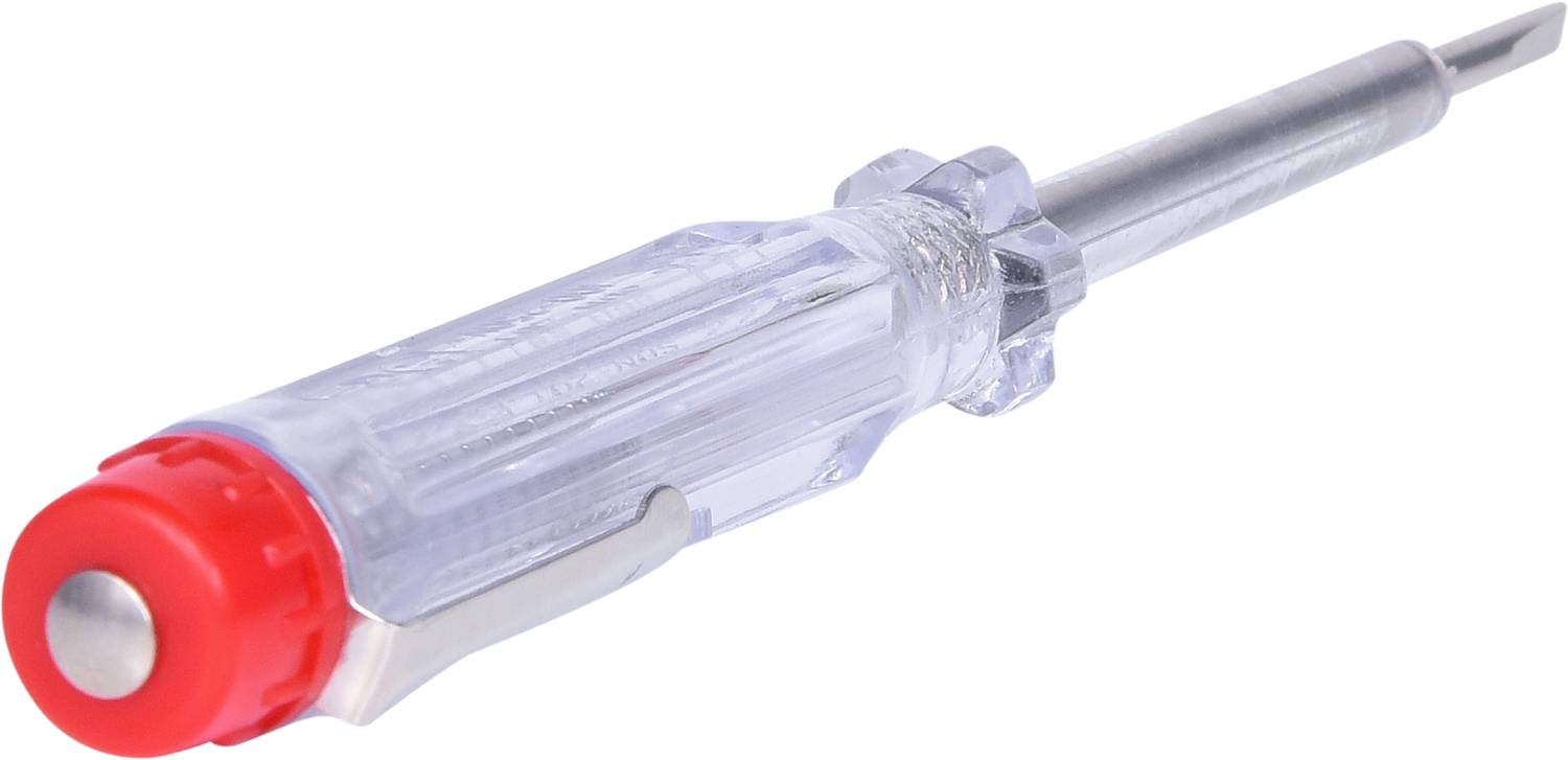 Schraubenzieher mit rotem Griffende und transparentem Griff, Metallklinge, liegend, weißer Hintergrund.