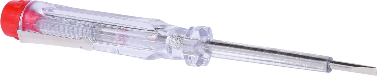 Ein Spannungsprüfer mit klarem, plastikisolierten Griff und Metallspitze, verwendet zur Überprüfung von elektrischer Spannung.