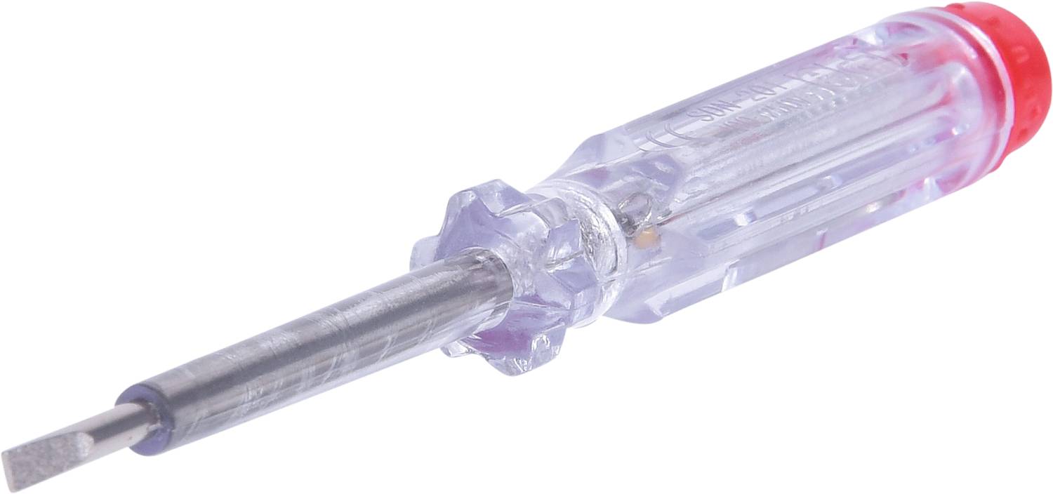 Ein transparenter Phasenprüfer mit rotem Ende in der Sicherheitsgriffzone, zeigt die Metallklinge zur Überprüfung elektrischer Spannungen.