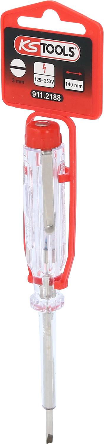 Spannungsprüfer von KS Tools. Spannung: 125–250 V, Länge: 140 mm. Transparenter Griff, rote Spitze, geeignet für elektrische Prüfungen.