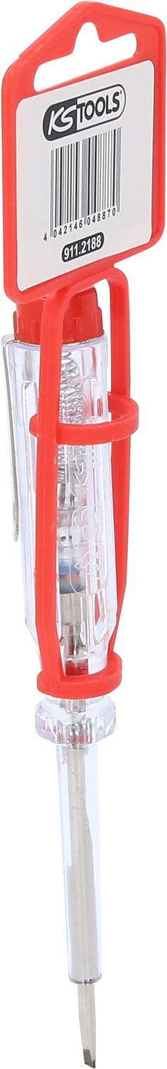 Stromprüfer in roter Halterung mit transparentem Gehäuse, zeigt Spannungsprüfwelle, geeignet zum Testen elektrischer Spannungen.