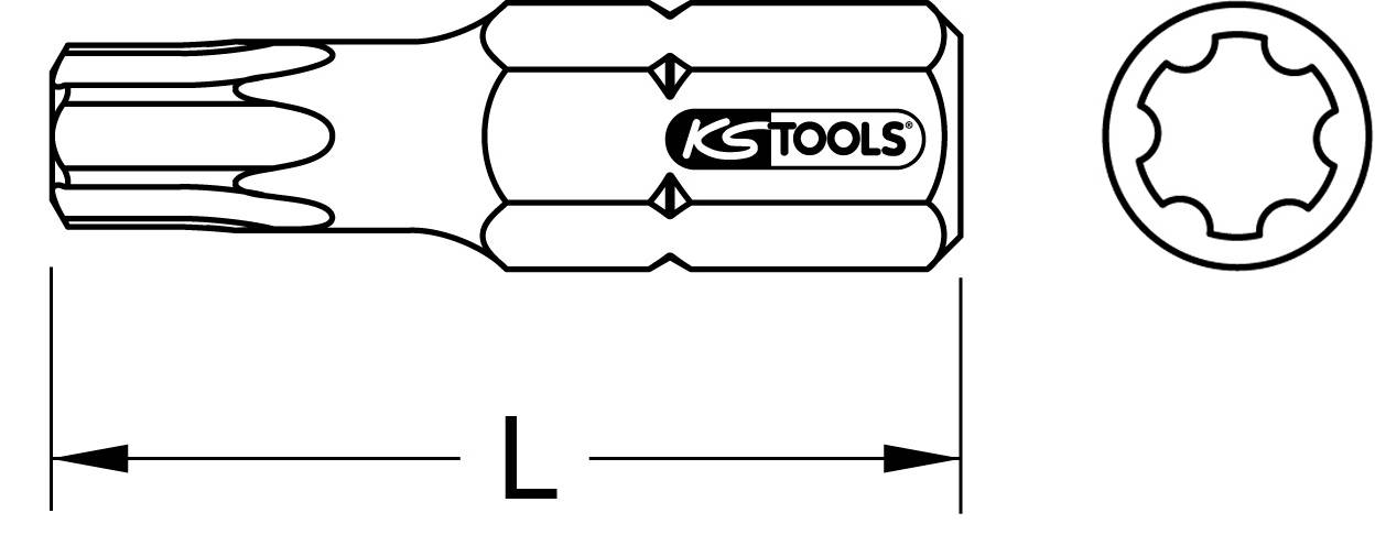 Illustration eines Torx-Bits von KS Tools mit entsprechender Seitenansicht. Geeignet zum Anziehen von Schrauben mit Torx-Profil.