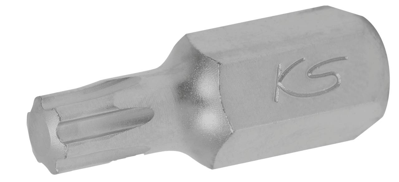 Ein silberfarbener Schraubendreher-Bit mit Torx-Kopf und sechseckigem Schaft.