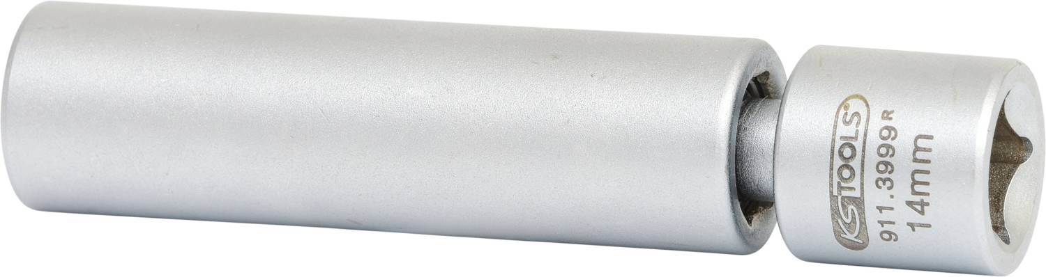 Ein silberner Steckschlüsselaufsatz mit der Aufschrift 'KS Tools 911.3999R 14 mm'.