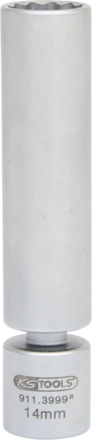 Ein silberner Steckschlüsseleinsatz mit der Aufschrift 'KS Tools 911.3999 14 mm' auf der Unterseite.