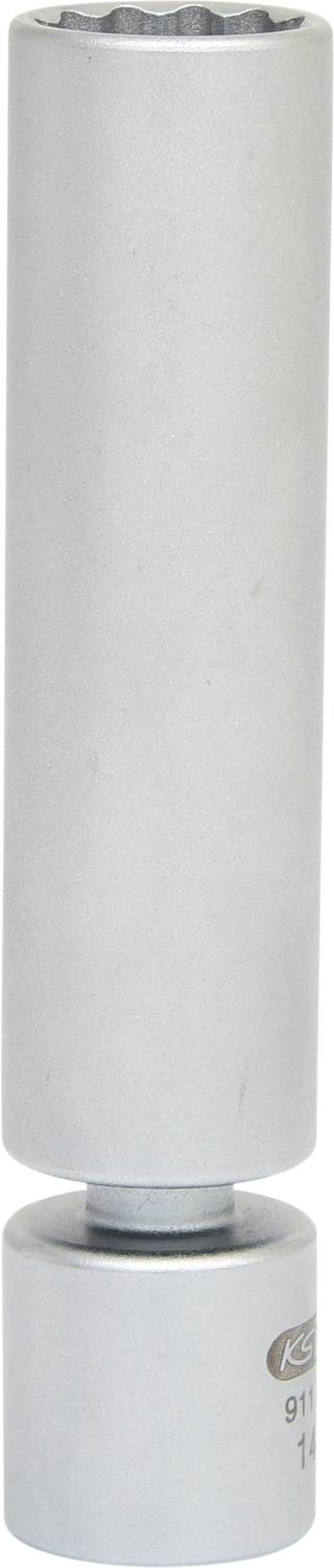 Ein silberner, zylindrischer Steckschlüsselaufsatz, vertikal ausgerichtet, für mechanische Arbeiten.