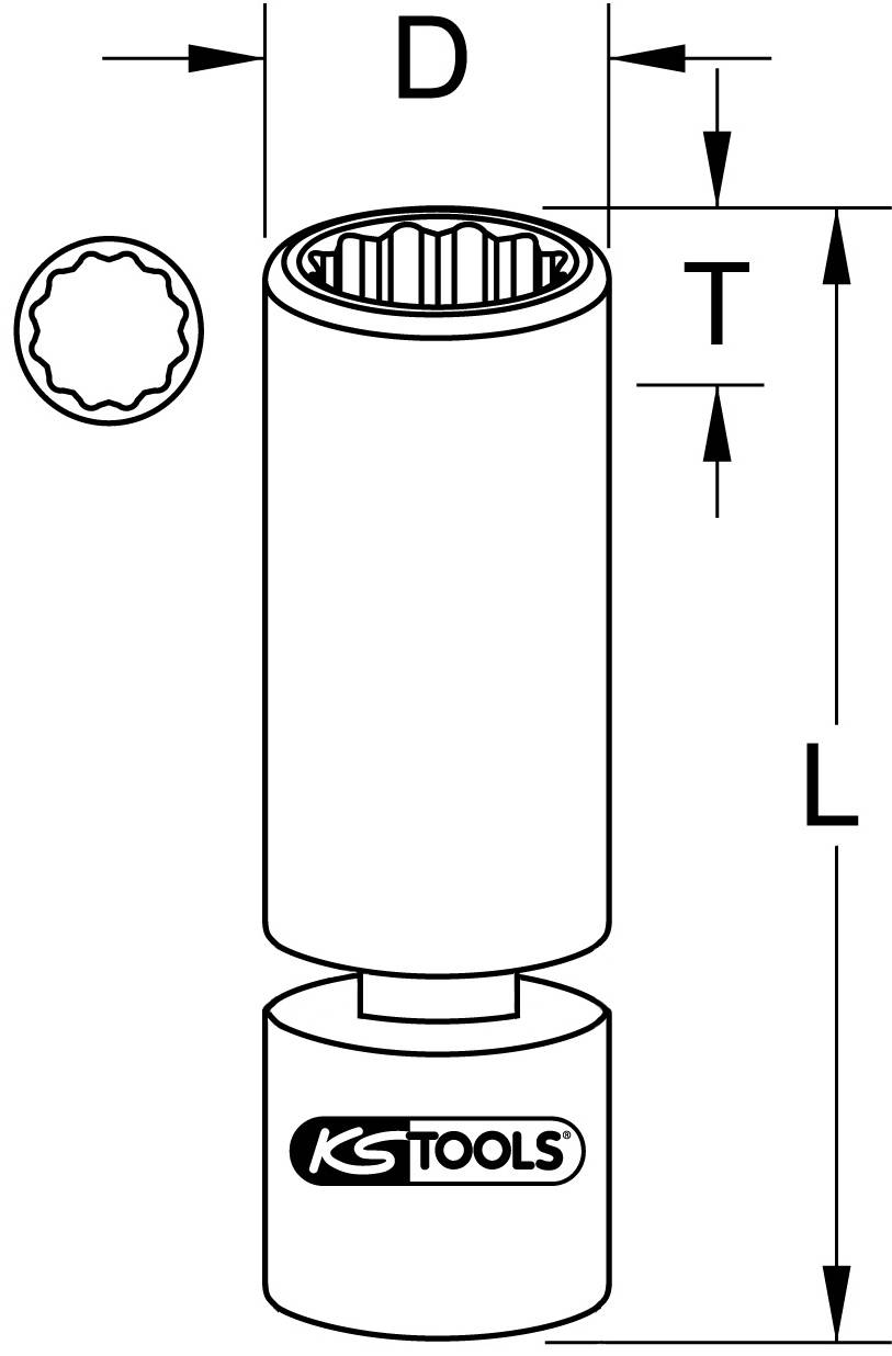 Abbildung eines Werkzeugs mit den Maßen D, T und L. Das Werkzeug ist von der Marke KS Tools. Oben ist eine Profilansicht.