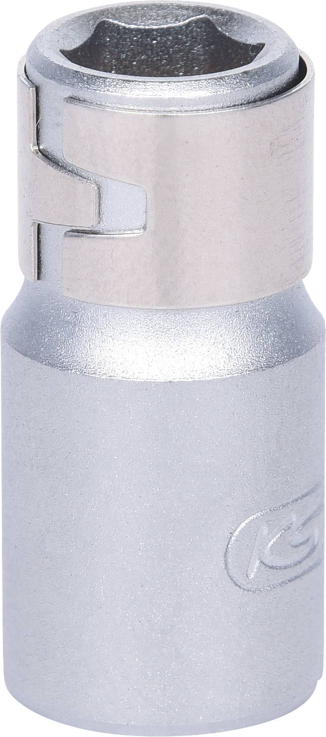 Ein silberner Steckschlüsselaufsatz mit geriffeltem Schaft und sechseckiger Öffnung, geeignet für Schraubenarbeiten.