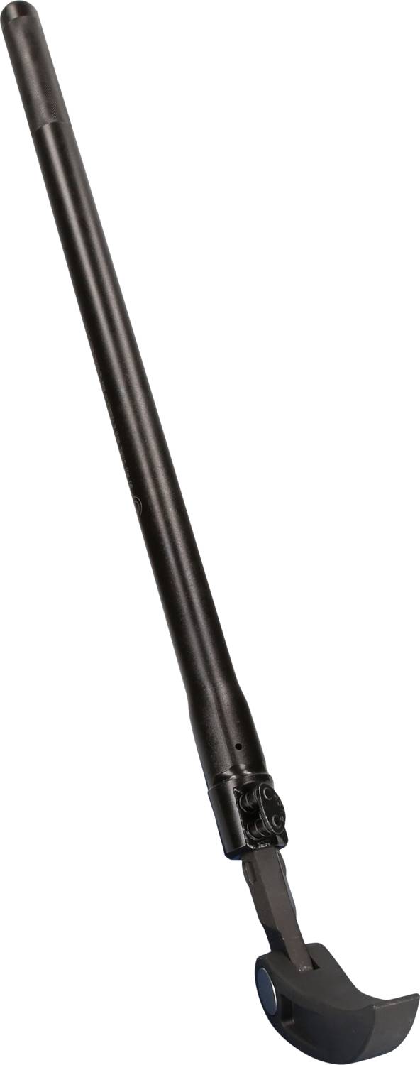 Ein schwarzer Stab mit einem gebogenen Ende, das wie ein Haken geformt ist. Es handelt sich um ein Werkzeug, vermutlich ein Brecheisen.