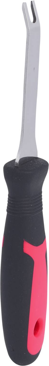 Ein Schraubendreher mit rotem und schwarzem Griff. Der Schaft hat eine gebogene, flache Spitze.