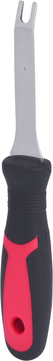 Ein Kfz-Demontagewerkzeug mit schwarzem Griff und rotem Akzent, verwendet zum Entfernen von Befestigungselementen an Fahrzeugverkleidungen.