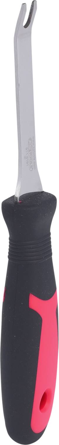 Ein schwarzer und roter Kunststoffgriffhalter mit einem metallischen Ende, das gebogen und flach ist, möglicherweise ein Werkzeug.