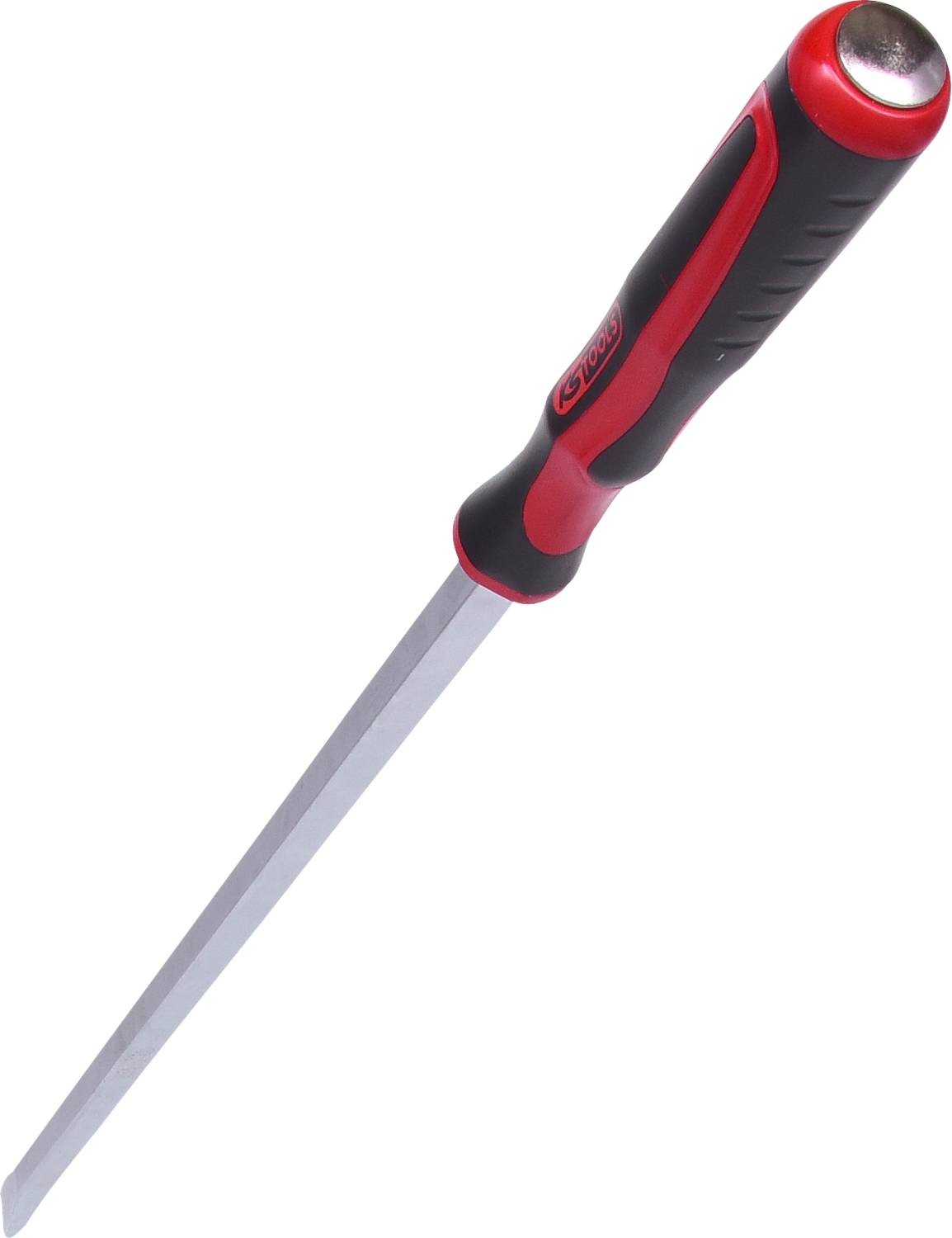 Ein langes, dünnes Messer mit rotem und schwarzem Griff, typisch verwendet zum Filetieren von Fisch oder Fleisch.