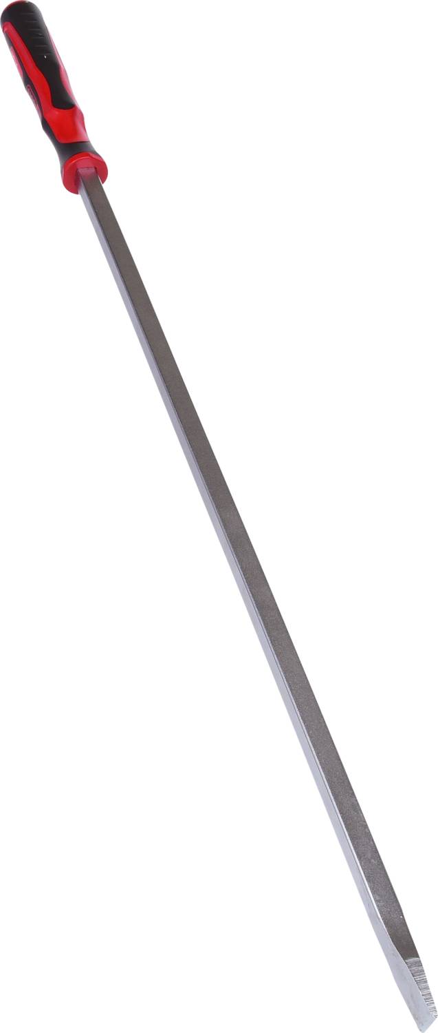 Eine lange Feile mit rotem und schwarzem Griff, verwendet zum Glätten und Bearbeiten von Materialien wie Metall oder Holz.