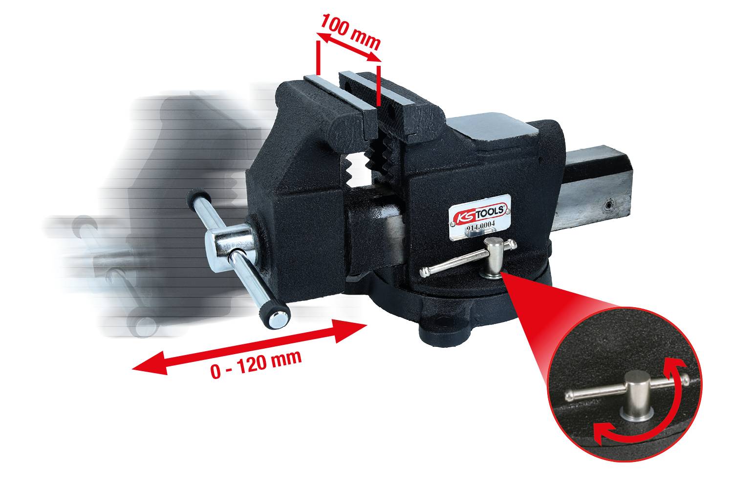 Der Schraubstock zeigt eine Spannweite von 0 bis 120 mm und hat eine Backenbreite von 100 mm. Ein Drehknopf ermöglicht die Anpassung.
