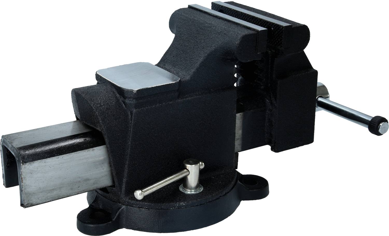 Schwarzer Schraubstock mit Drehbasis und Griff, geeignet zum Sichern von Objekten während der Bearbeitung oder dem Zusammenbau.
