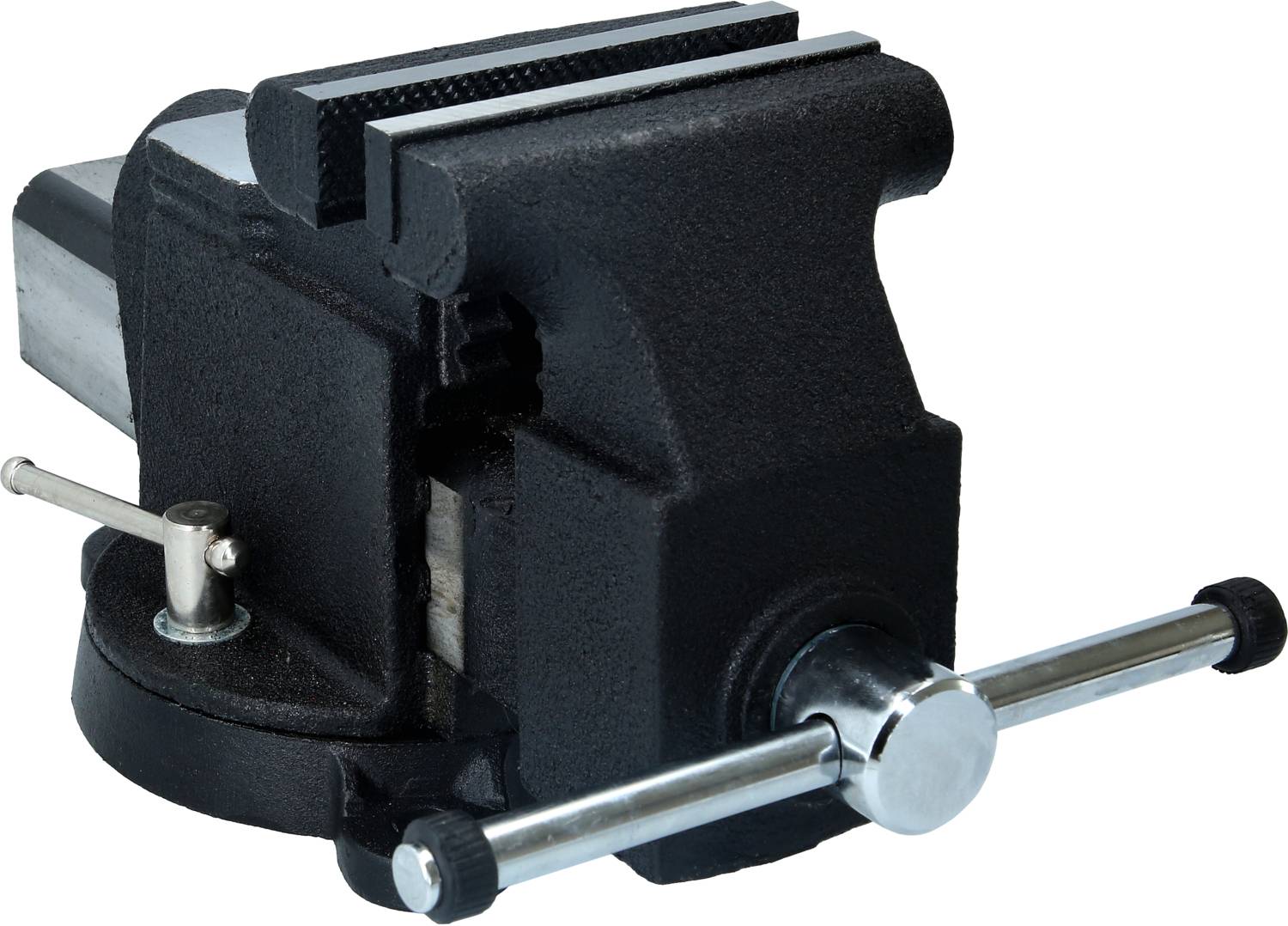 Der Schraubstock ist ein schwarzes Werkzeug mit Drehgriff und Metallbacken, das zum Festhalten von Werkstücken beim Bearbeiten verwendet wird.