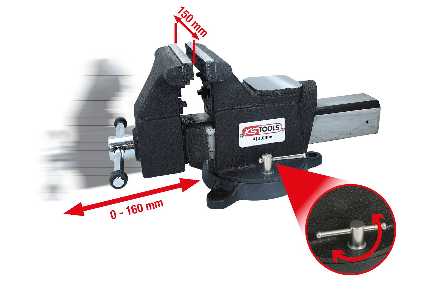 Ein Schraubstock mit drehbarer Basis, Spannweite 0-160 mm. Markierung zeigt eine Spannweite von 150 mm.