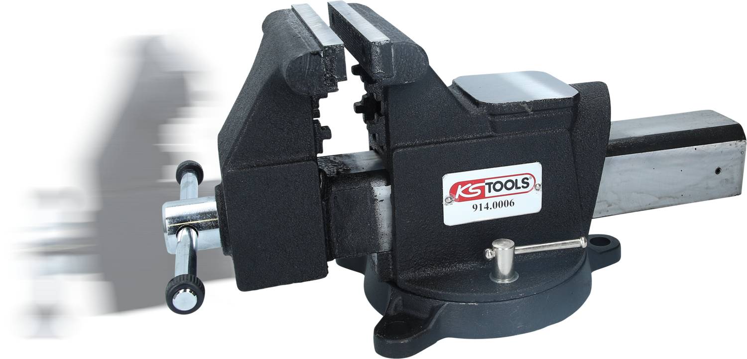 Ein schwarzer Schraubstock mit silbernem Griffhebel und Aufschrift 'KS Tools'. Entwickelt zum sicheren Festhalten von Werkstücken.