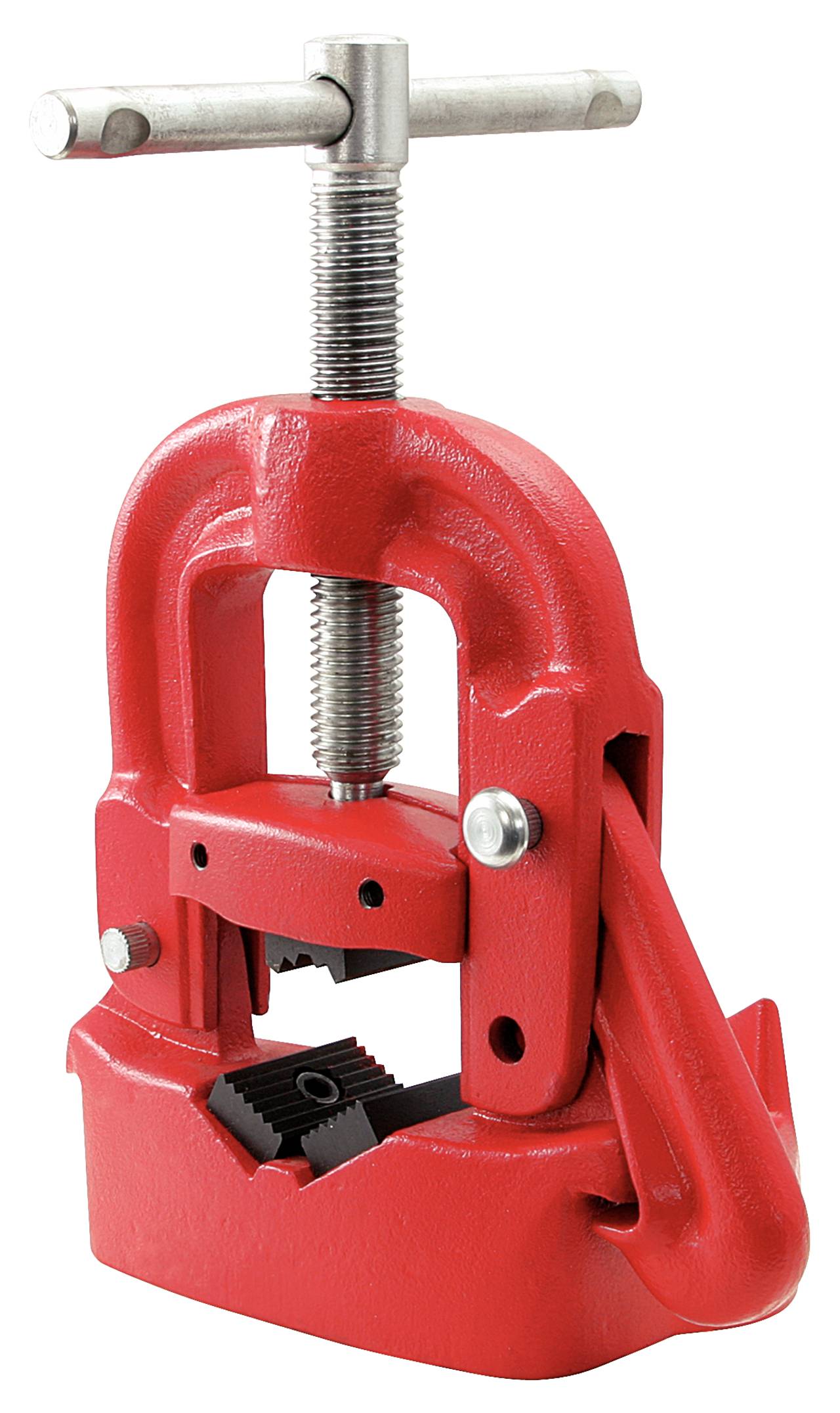 Eine rote Rohrschneidmaschine mit einem T-förmigen Griff und Stellschrauben zur Befestigung von Rohren.