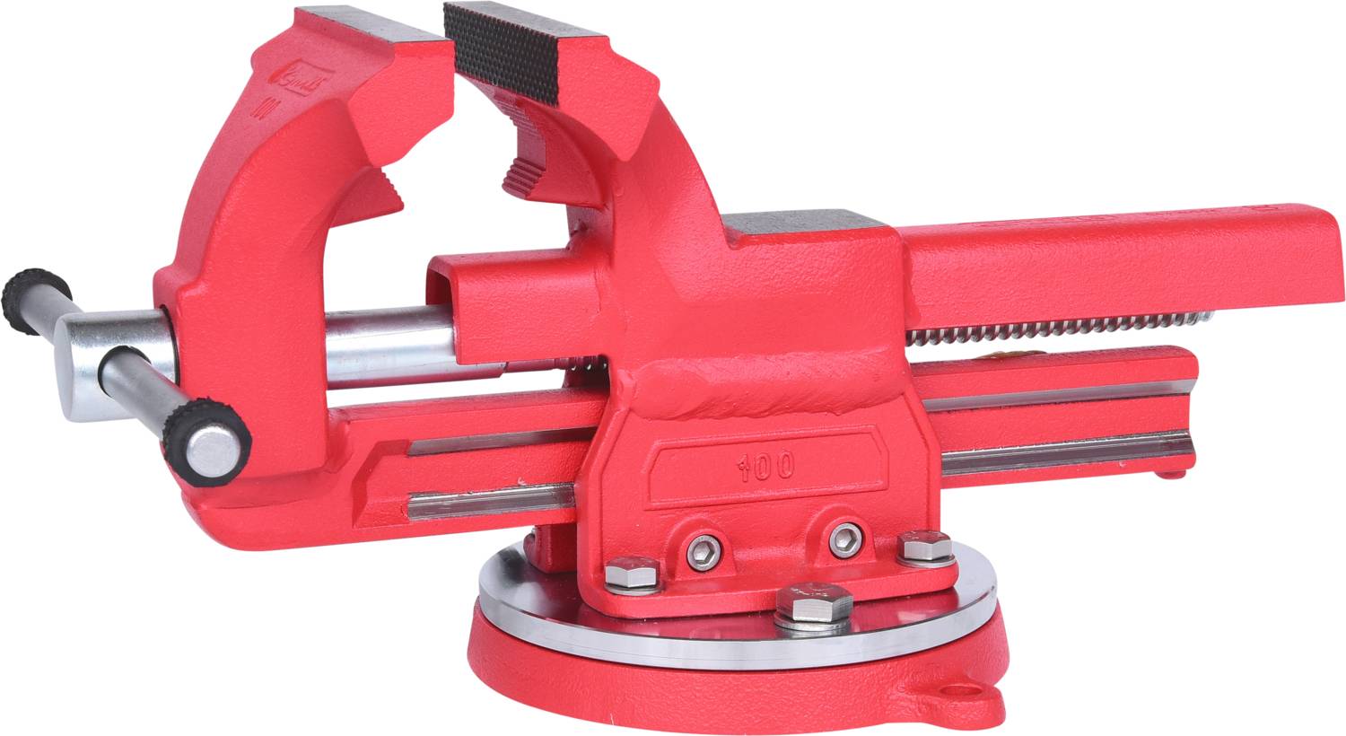 Ein roter Schraubstock aus Metall auf einem weißen Hintergrund. Der Schraubstock hat eine feste Basis und verstellbare Backen zum Halten von Objekten.