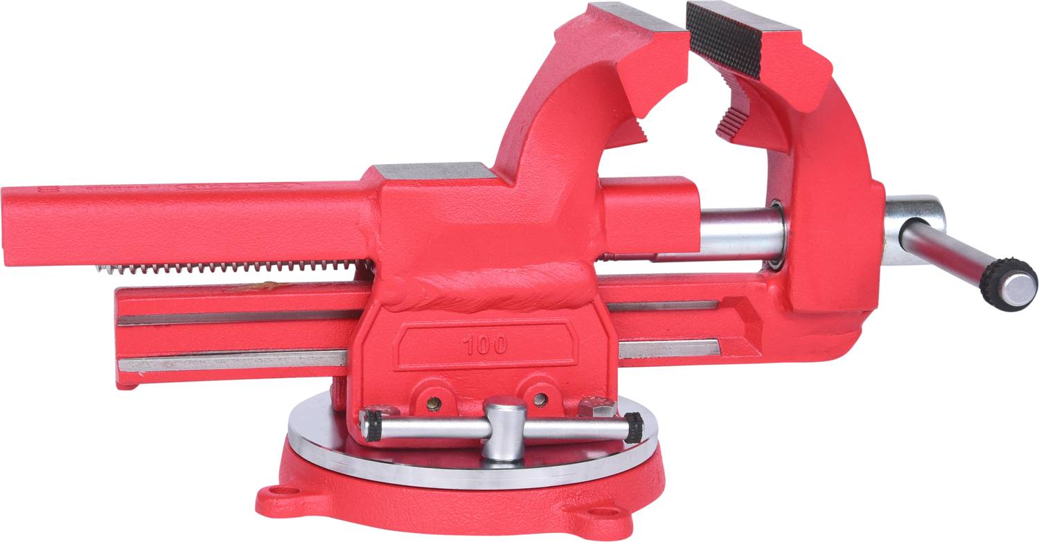 Rote Schraubzwinge auf weißem Hintergrund. Sie ist geöffnet und zeigt Metallgriffe und Zahnradmechanismus.