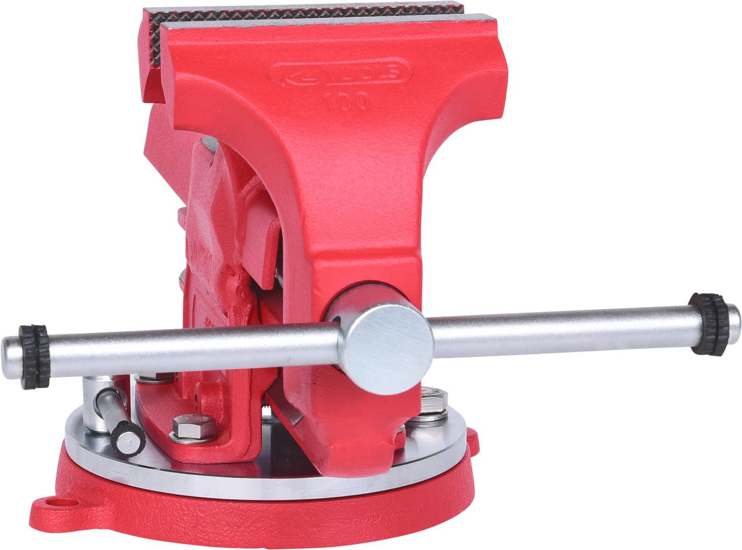 Roter Schraubstock auf rundem Drehteller, seitlich drehbar. Hauptwerkzeug zum Fixieren von Werkstücken in Werkstätten.
