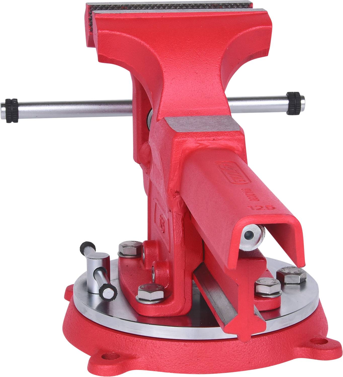 Ein roter Schraubstock mit einem drehbaren Sockel, der für die Sicherung von Werkstücken bei der Bearbeitung in Werkstätten verwendet wird.