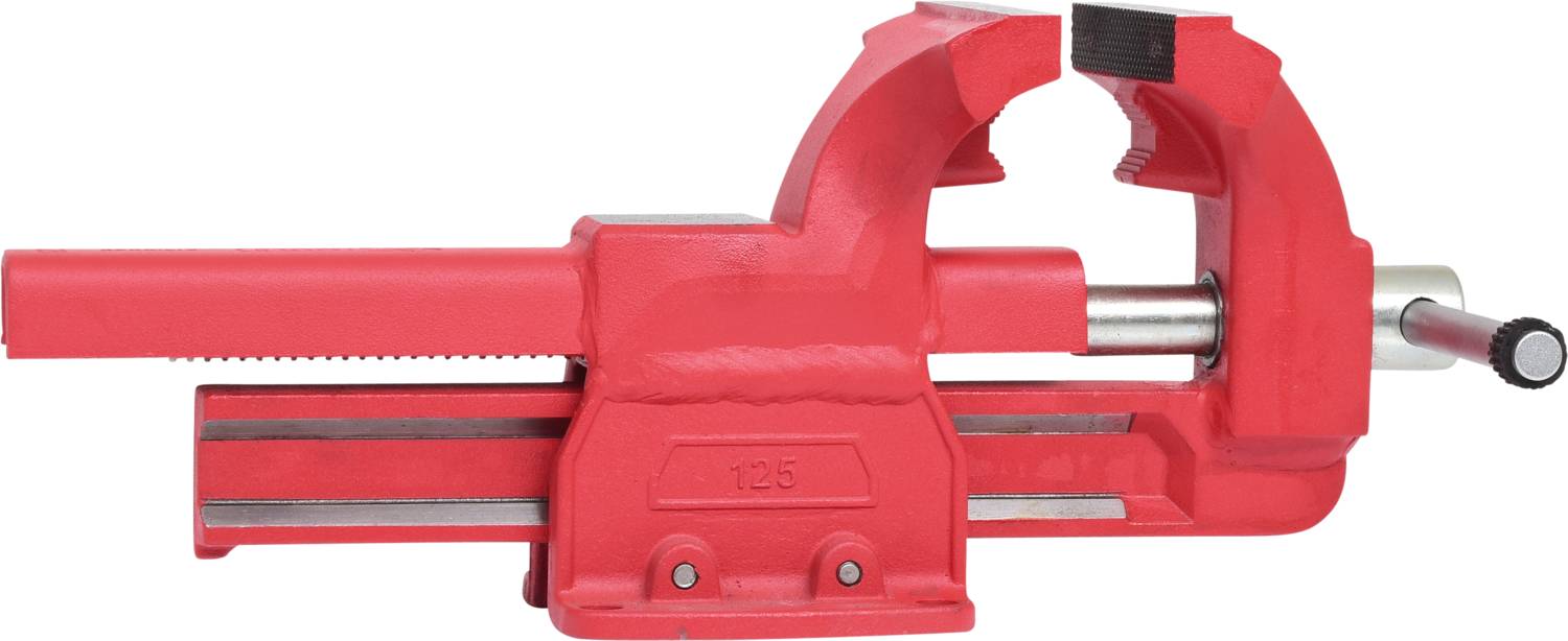 Rote Schraubzwinge aus Metall, seitlich abgebildet, mit runder Halterung und geriffeltem Griff zum Festziehen.