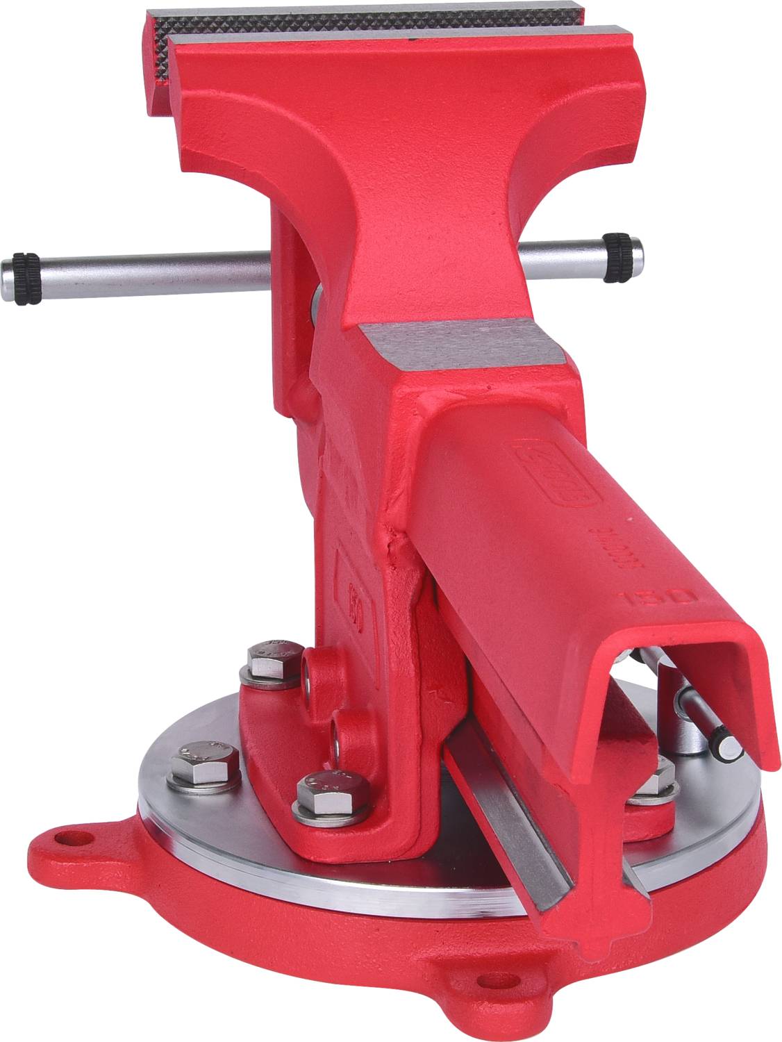 Roter Schraubstock aus Metall mit flacher Basis und Schutzbacken, geeignet zum Fixieren von Werkstücken.