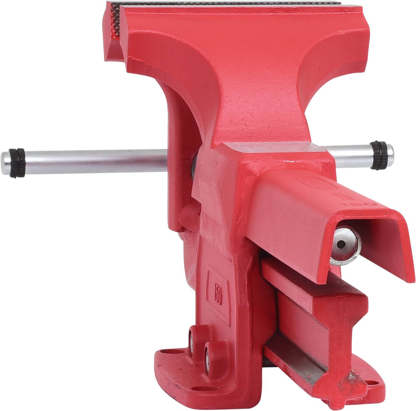 Ein roter Schraubstock mit einem metallenen Griff, der zum Festklemmen von Werkstücken benutzt wird, auf weißem Hintergrund.