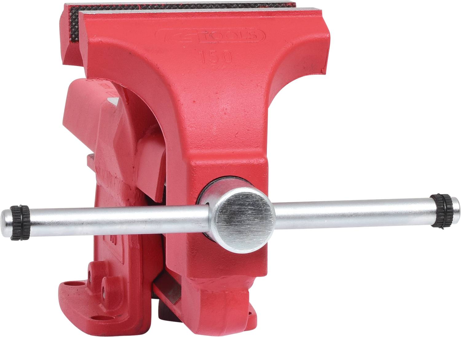 Rote Schraubstock mit silberner Griffstange, robustes Gerät zur Befestigung von Werkstücken auf der Werkbank in Werkstätten.