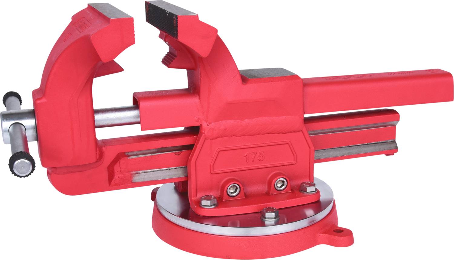 Ein roter Schraubstock aus Metall, montiert auf einer runden Basis. Er hat drehbare Backen und ist hauptsächlich zum Festhalten von Werkstücken gedacht.