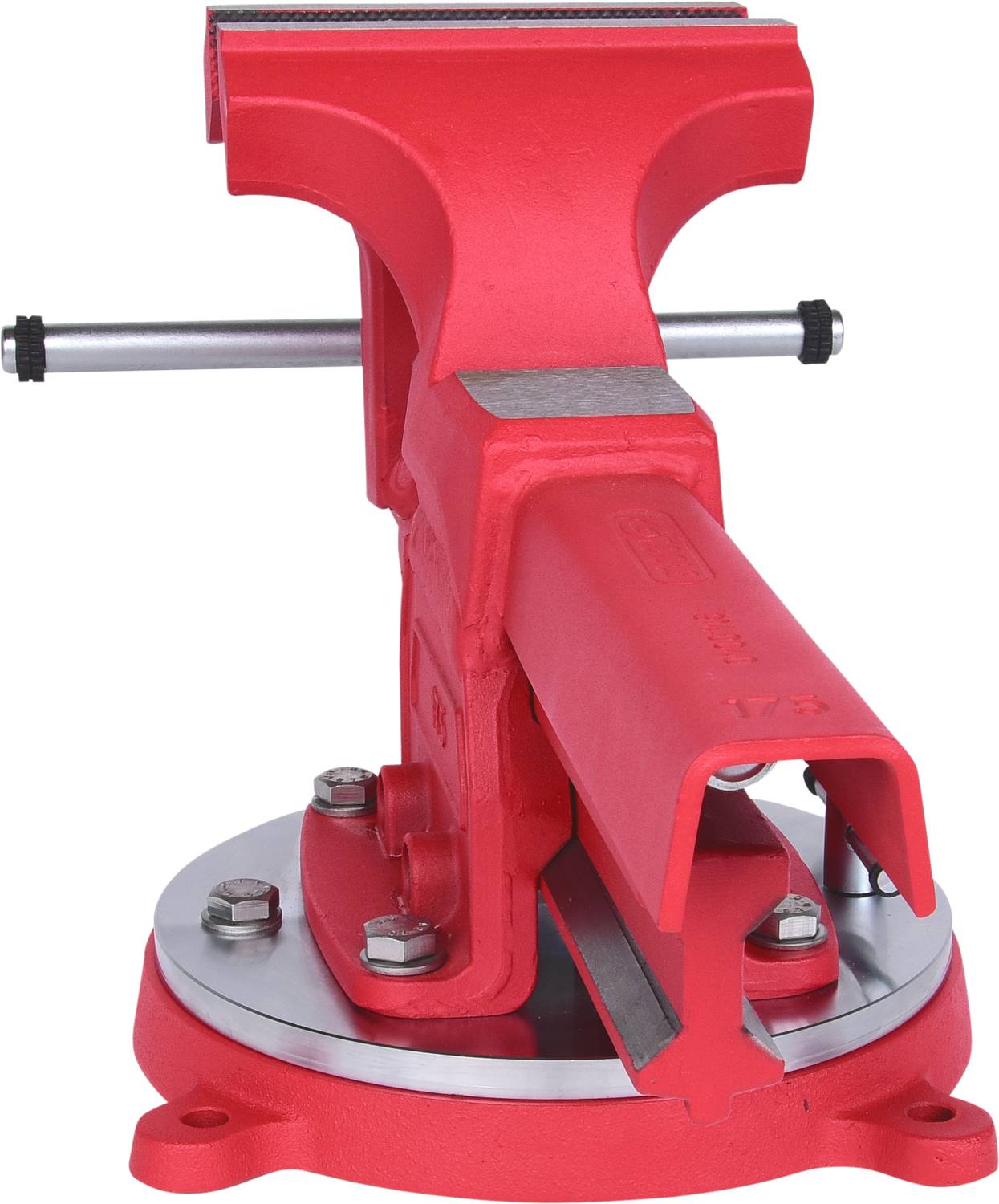 Roter Schraubstock mit großem flachen Metallgriff auf runder Basis, verwendet für das Spannen und Halten von Werkstücken.