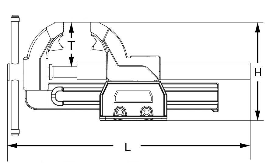 Technische Zeichnung einer Schraubzwinge mit markierten Maßen: Höhe (H), Länge (L) und Klemmbereich (T).