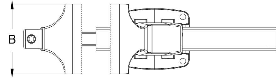 Technische Zeichnung eines Bauteils mit einem Kolben auf der rechten Seite und einer Halterung auf der linken. Markierung 'B' zeigt die Höhe.